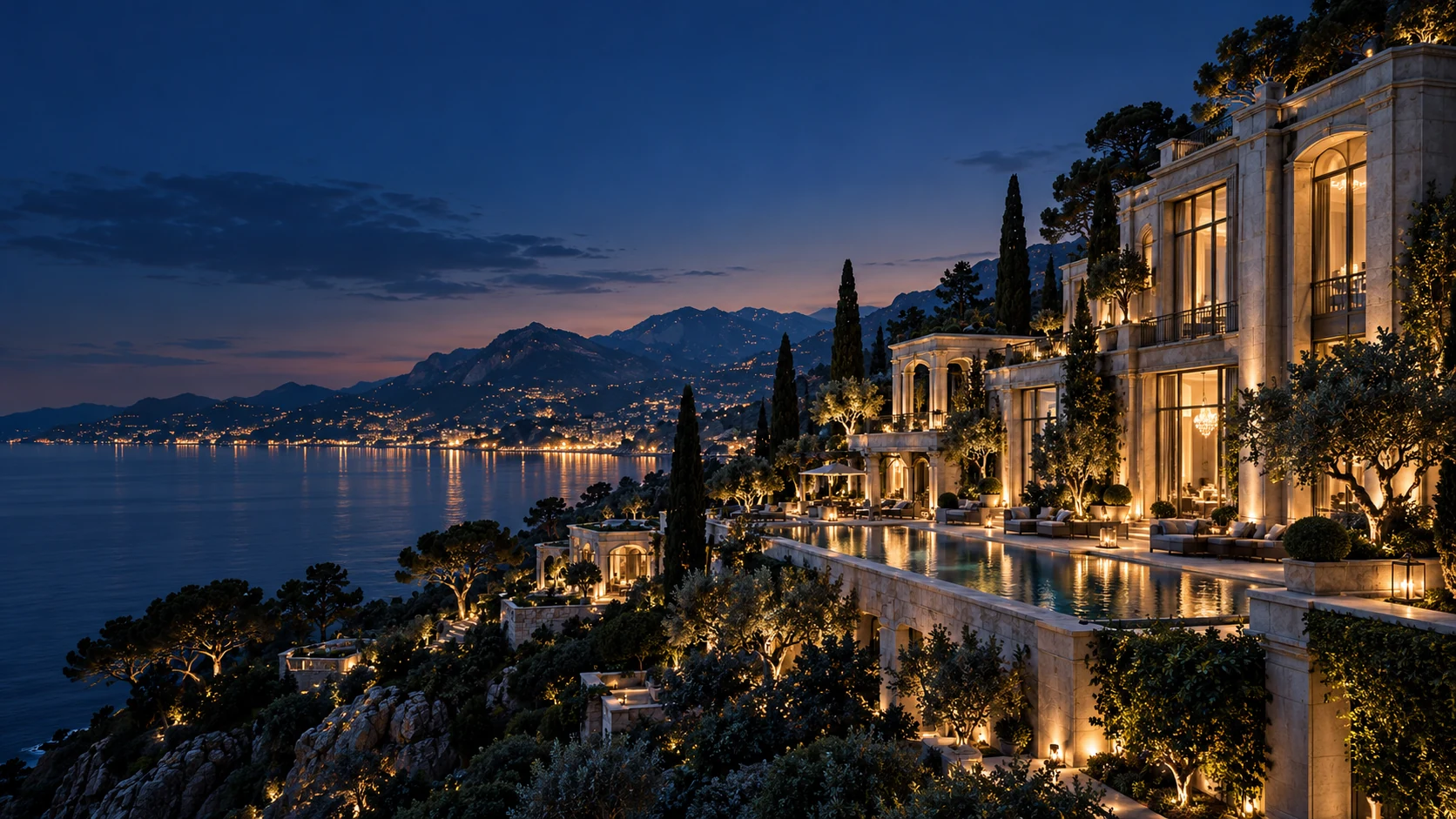 Illustrative Riviera hospitality property, warm lights reflected in the Mediterranean at blue hour